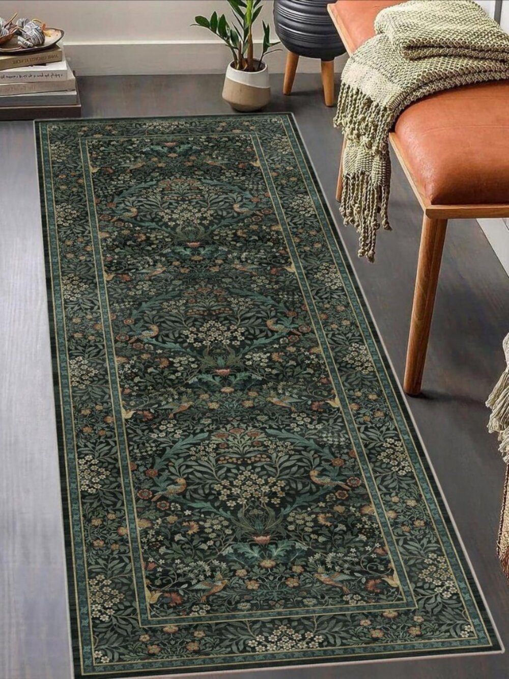 2x6 Washable Kitchen Runner Rug Non-Slip Boho Throw Carpet Dark Green